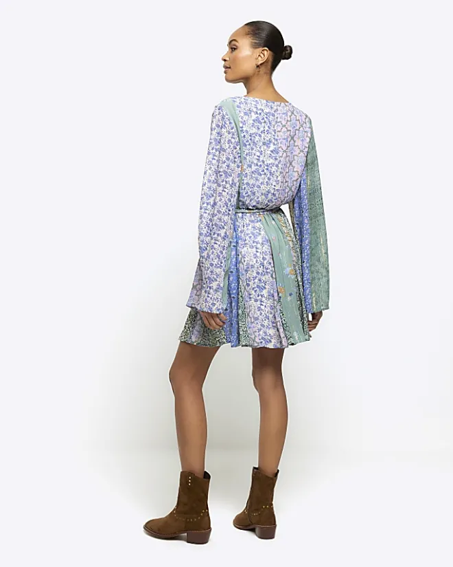 River Island patchwork belted shift mini dress Blue Online