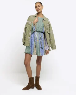 River Island patchwork belted shift mini dress Blue Online