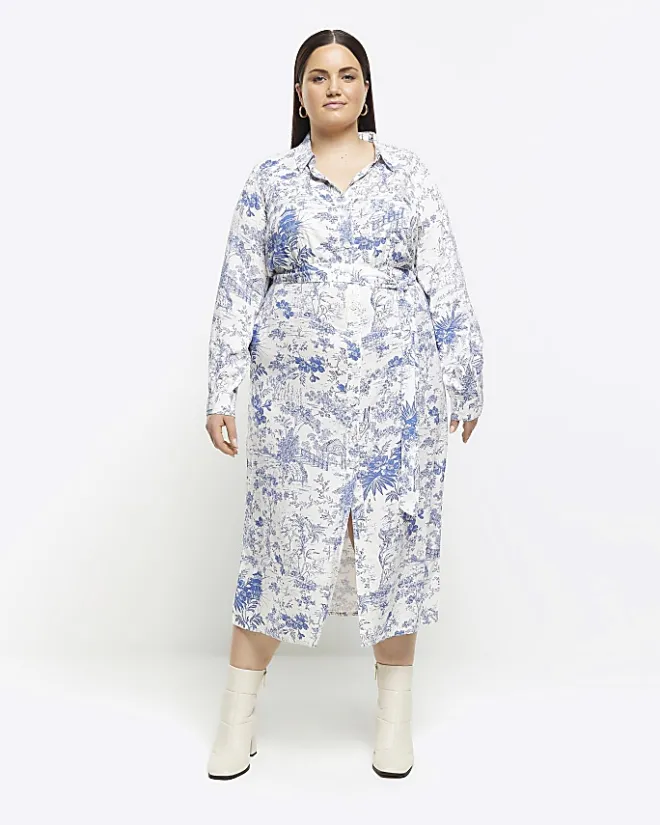 River Island printed shirt midi dress Blue New