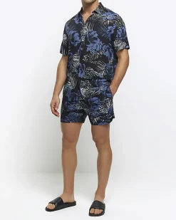 River Island regular fit botanical print shorts Blue Clearance