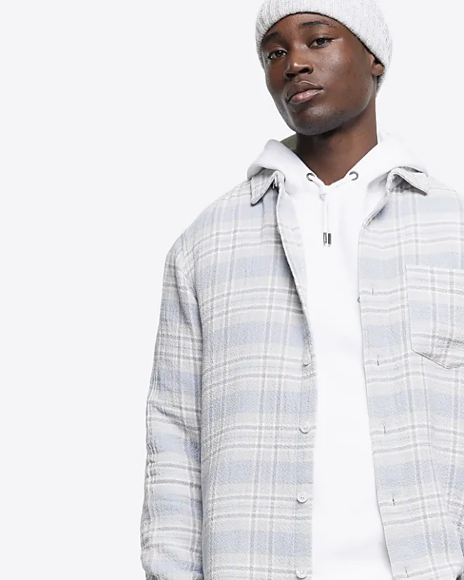 River Island regular fit check long sleeve shirt Blue Online