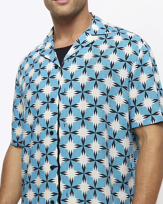 River Island regular fit geometric print revere shirt Blue Discount