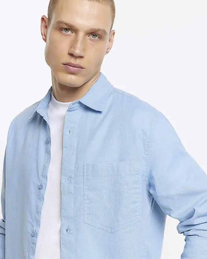 River Island regular fit linen blend shirt Blue Clearance