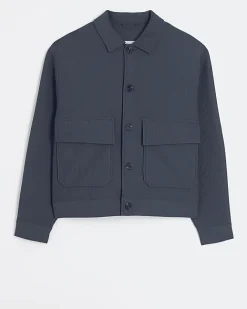 River Island regular fit plisse Harrington jacket Blue New