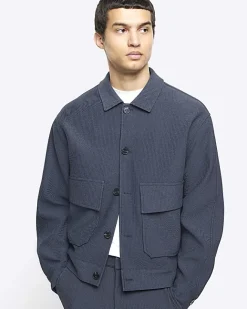 River Island regular fit plisse Harrington jacket Blue New