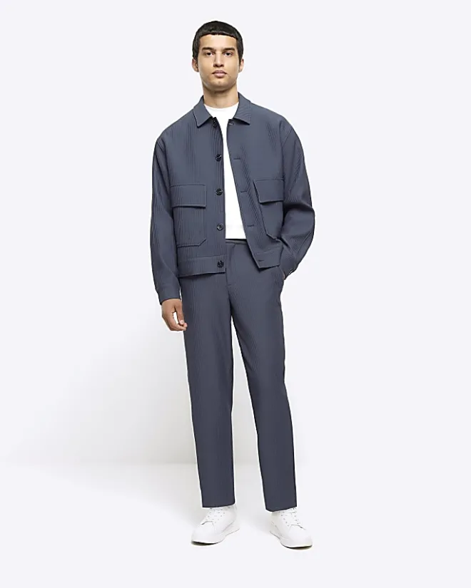 River Island regular fit plisse Harrington jacket Blue New