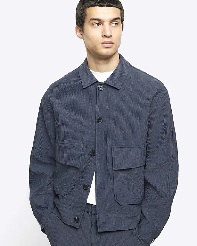 River Island regular fit plisse Harrington jacket Blue New