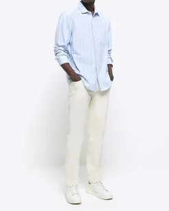 River Island regular fit striped linen blend shirt Blue New