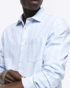River Island regular fit striped linen blend shirt Blue New