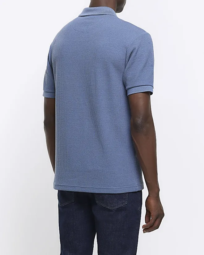 River Island Regular Fit Textured Zip Neck Polo Blue Discount