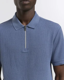 River Island Regular Fit Textured Zip Neck Polo Blue Discount