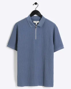 River Island Regular Fit Textured Zip Neck Polo Blue Discount