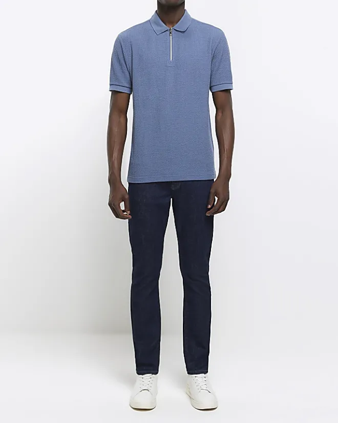 River Island Regular Fit Textured Zip Neck Polo Blue Discount