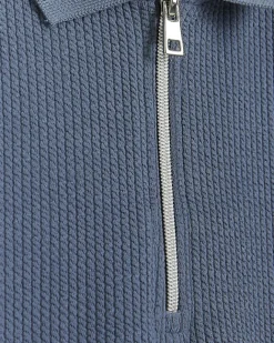 River Island Regular Fit Textured Zip Neck Polo Blue Discount