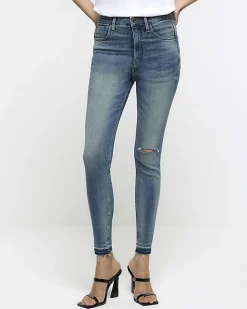 River Island ripped high waisted super skinny jeans Blue New