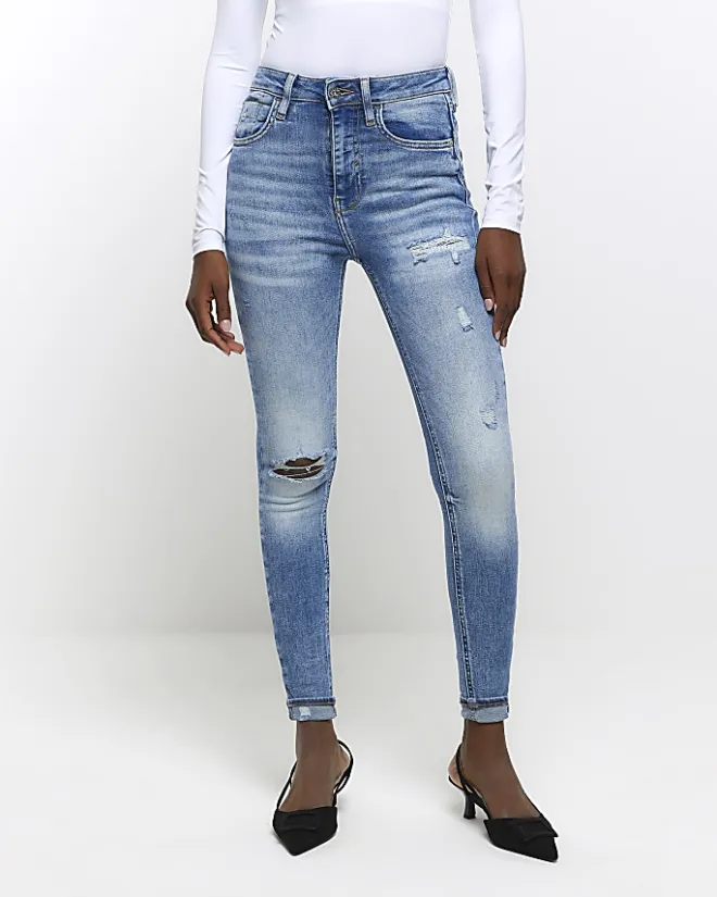 River Island ripped high waisted skinny jeans Blue Sale