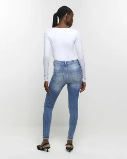 River Island ripped high waisted skinny jeans Blue Sale