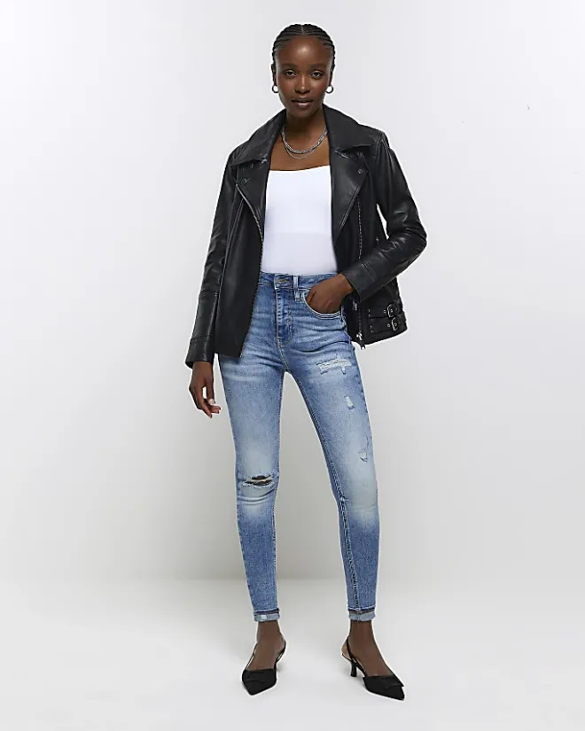 River Island ripped high waisted skinny jeans Blue Sale