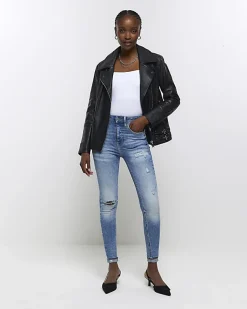 River Island ripped high waisted skinny jeans Blue Sale