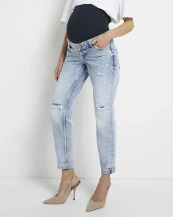 River Island ripped mid rise maternity mom jeans Blue Outlet
