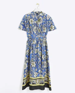 River Island satin floral belted midi shirt dress Blue Outlet