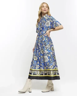 River Island satin floral belted midi shirt dress Blue Outlet