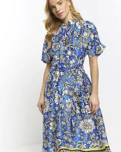 River Island satin floral belted midi shirt dress Blue Outlet