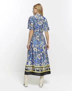 River Island satin floral belted midi shirt dress Blue Outlet