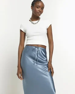 River Island satin tie waist midi skirt Blue Online
