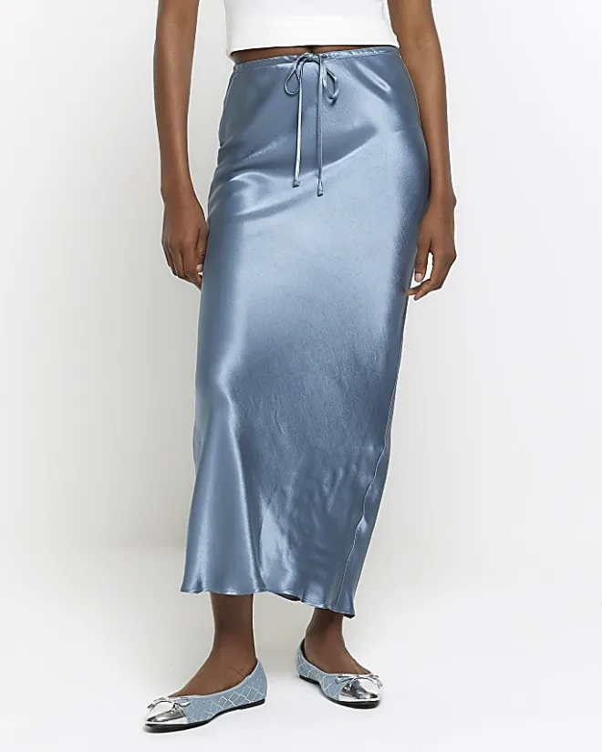 River Island satin tie waist midi skirt Blue Online