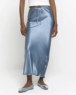 River Island satin tie waist midi skirt Blue Online