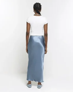 River Island satin tie waist midi skirt Blue Online