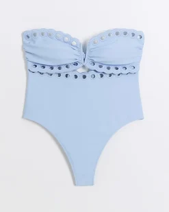 River Island scallop hem bandeau swimsuit Blue Clearance