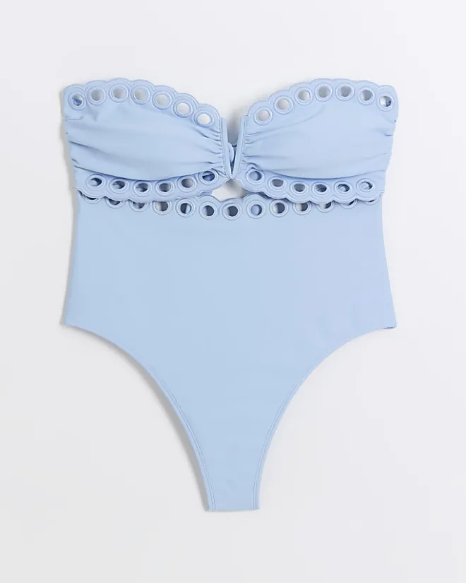 River Island scallop hem bandeau swimsuit Blue Clearance