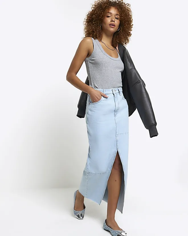 River Island seamed denim maxi skirt Blue Online