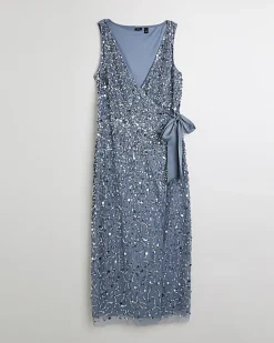 River Island Sequin Wrap Midi Dress Blue Discount