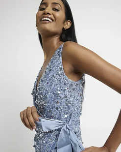 River Island Sequin Wrap Midi Dress Blue Discount