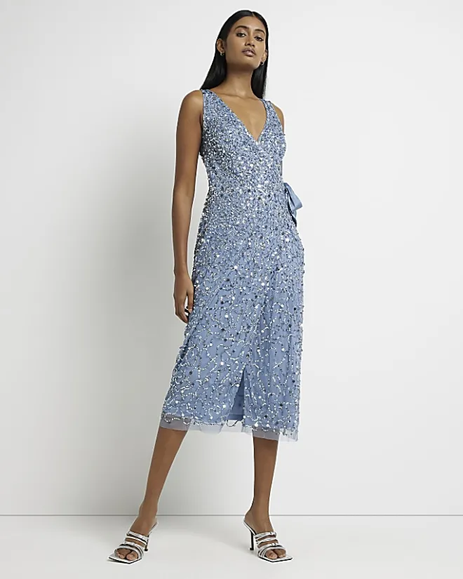 River Island Sequin Wrap Midi Dress Blue Discount