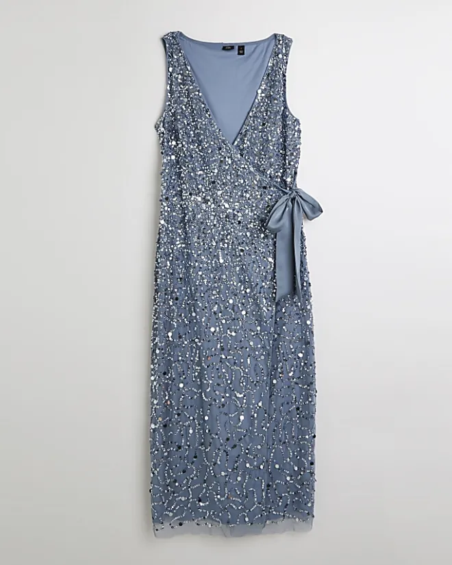 River Island Sequin Wrap Midi Dress Blue Discount