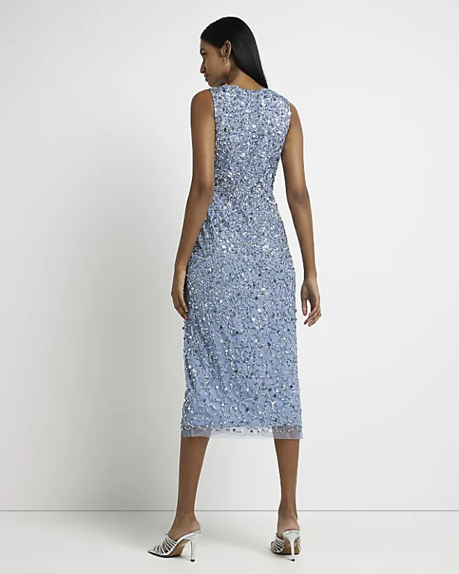 River Island Sequin Wrap Midi Dress Blue Discount