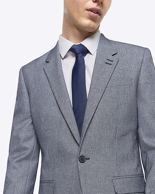 River Island skinny fit dogtooth suit jacket Blue New