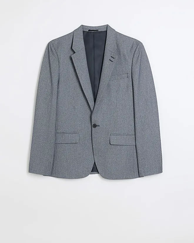 River Island skinny fit dogtooth suit jacket Blue New