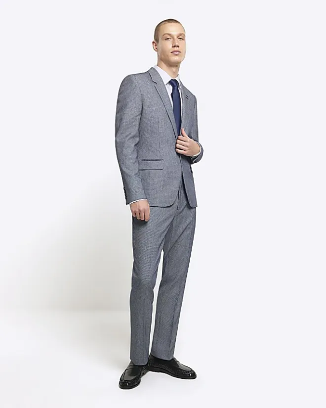 River Island skinny fit dogtooth suit jacket Blue New
