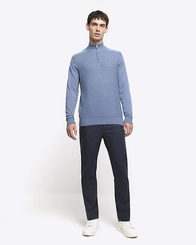 River Island slim fit diagonal stitch half zip jumper Blue Hot