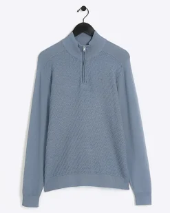 River Island slim fit diagonal stitch half zip jumper Blue Hot