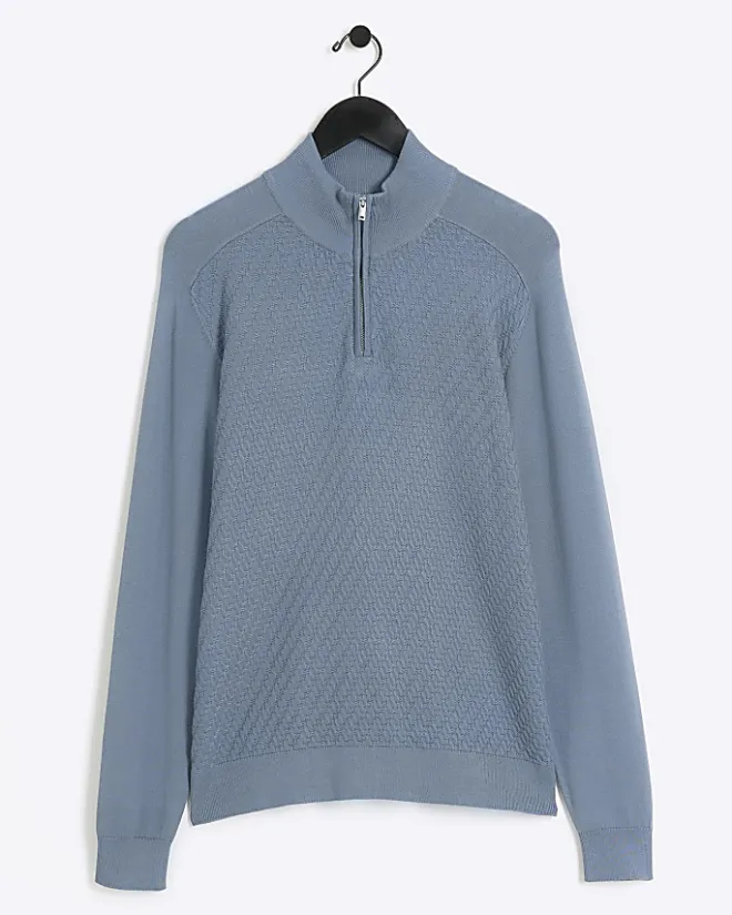 River Island slim fit diagonal stitch half zip jumper Blue Hot