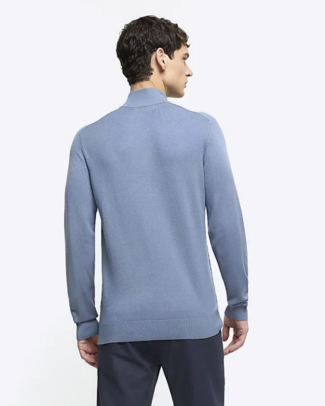 River Island slim fit diagonal stitch half zip jumper Blue Hot