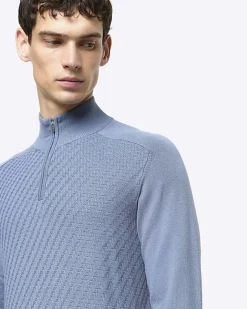 River Island slim fit diagonal stitch half zip jumper Blue Hot