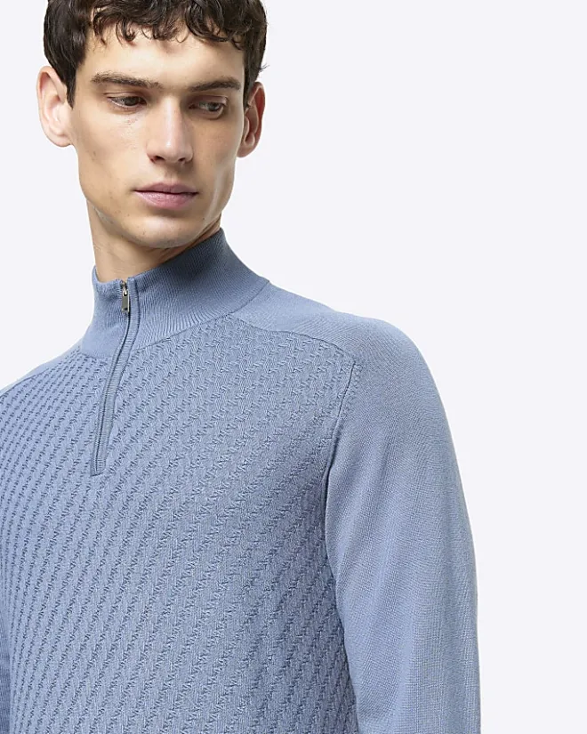 River Island slim fit diagonal stitch half zip jumper Blue Hot
