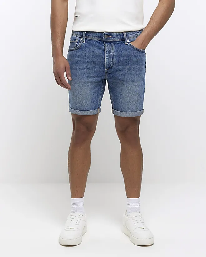 River Island slim fit faded denim shorts Blue Clearance